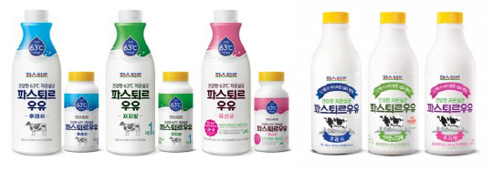 리뉴얼 전(오른쪽)과 후(왼쪽)의 파스퇴르 우유. 리뉴얼 후 플라스틱 라벨의 면적이 더 넓어졌다. <롯데푸드 제공>